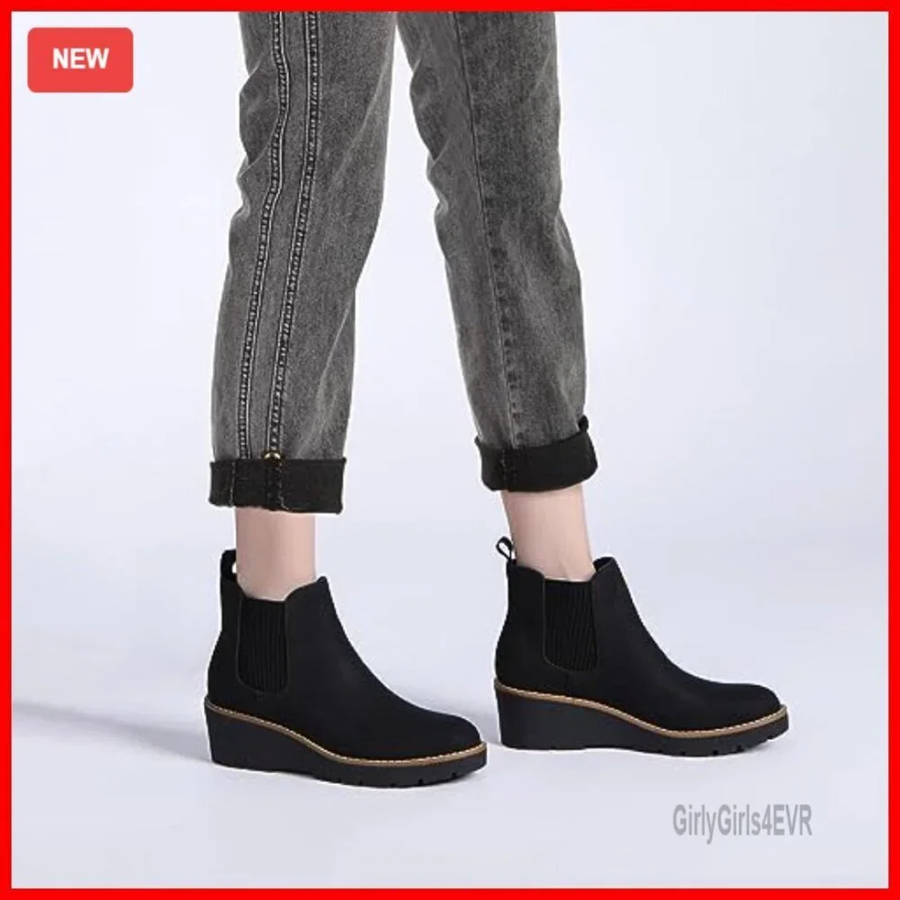 Leather Chelsea Wedge Ankle Boots Slip On Lug Sole Platform Casual
